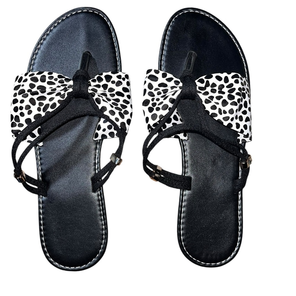 Women’s Black Sandals with Dalmatian Bow Accent Size 42 (11.5)